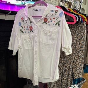 White Floral Embroidered Button-Up Shirt